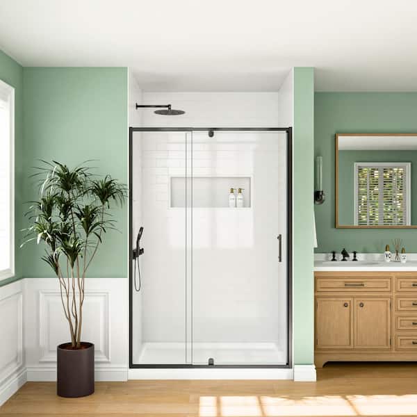 44 - 48 in. W x 71 in. H Pivot Semi-Frameless Shower Door in Matte Black Finish with SGCC Certified Clear Glass