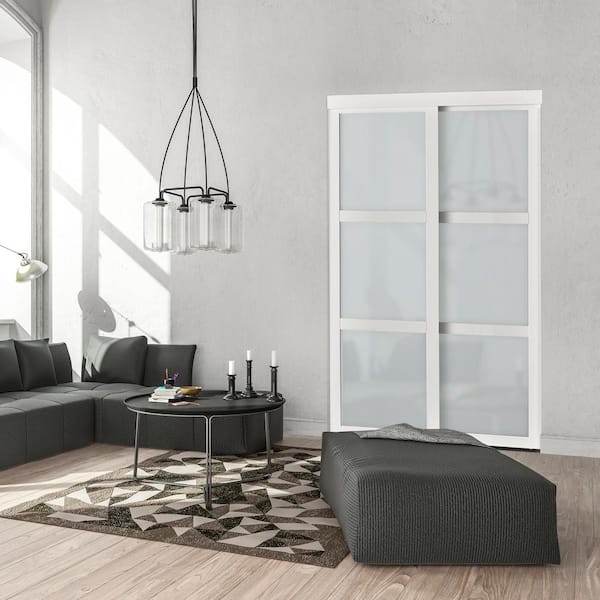 72 in. x 80.5 in. 3-Lite Indoor Studio MDF Wood White Frame with Frosted Glass Interior Sliding Closet Door