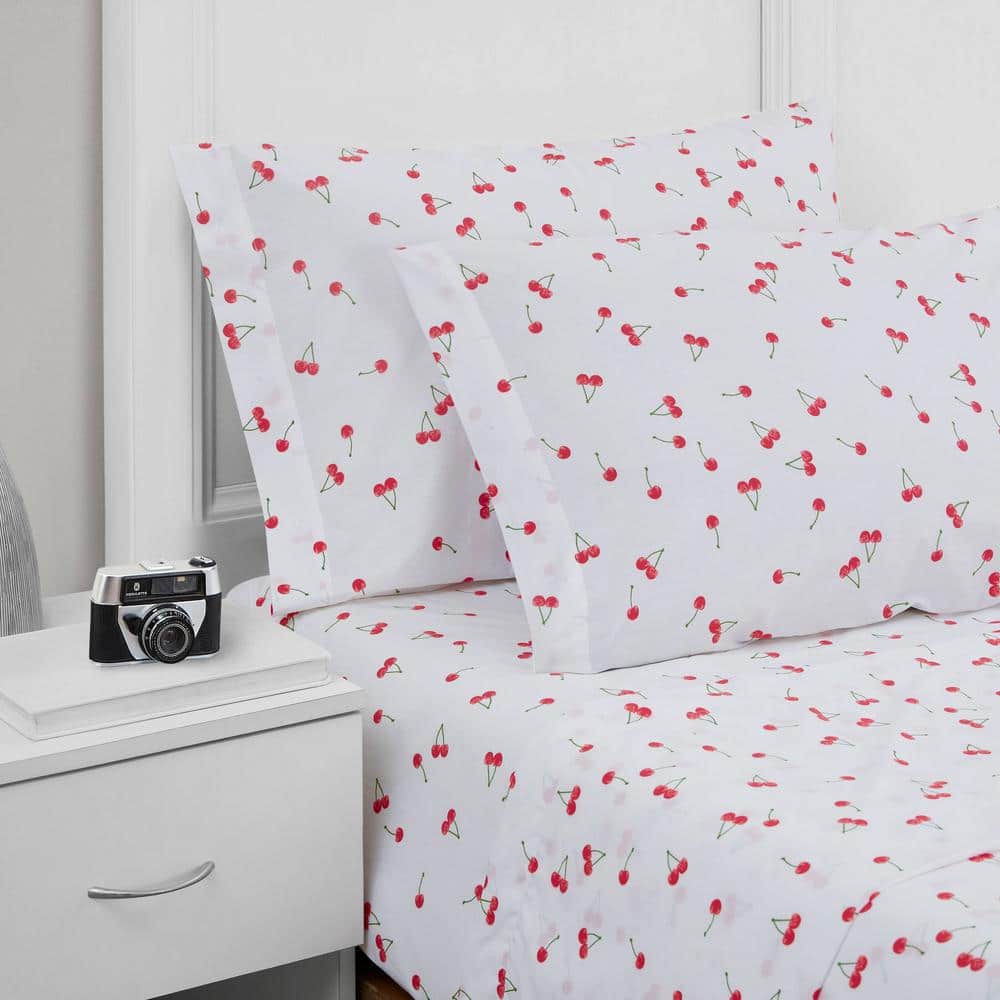 Twin Red and White Cotton Percale Sheet Set