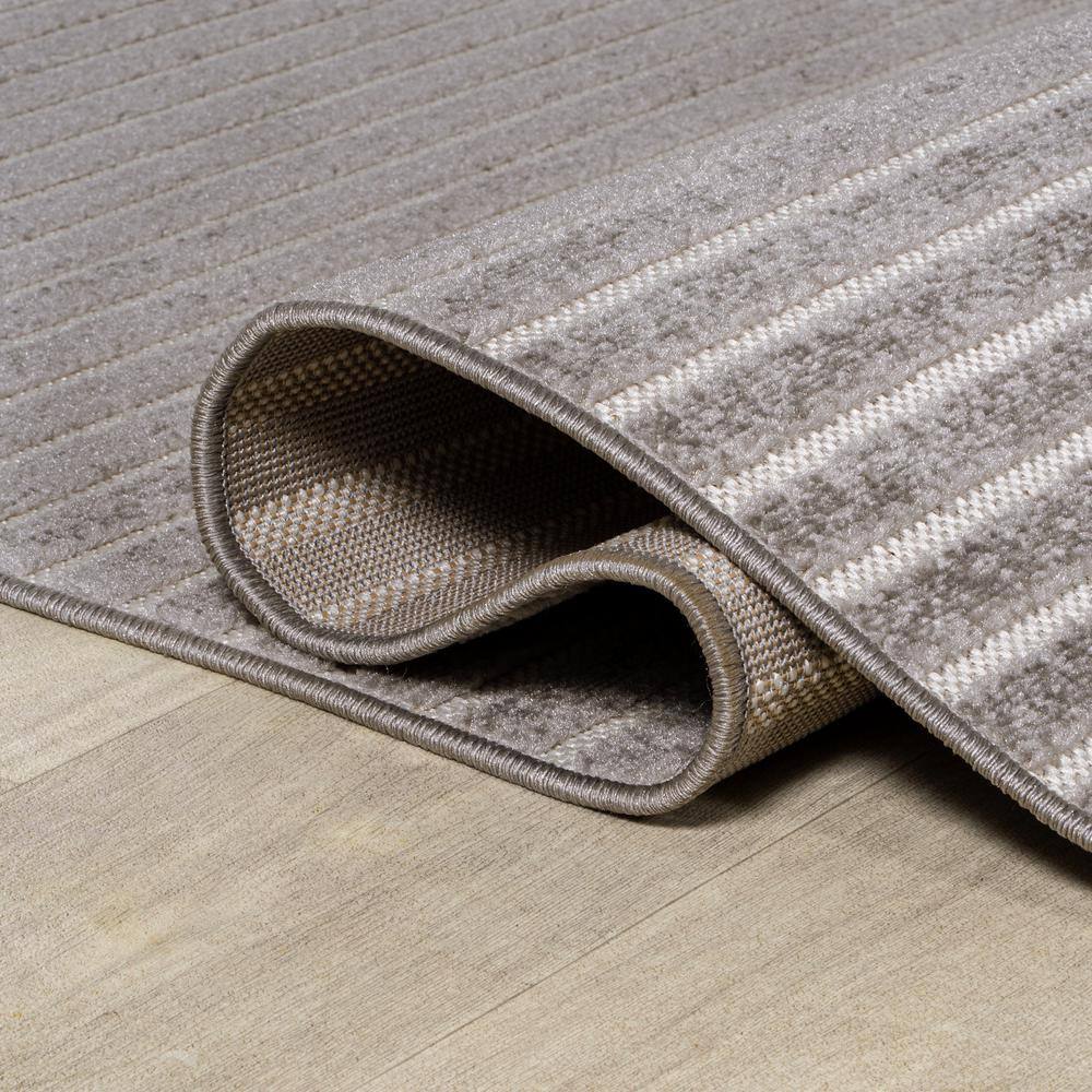 Scandi Minimalist Gray/Ivory Striped Synthetic Runner Rug 2x8