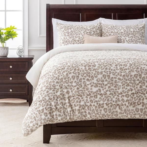 CHANASYA Chanasya Leopard Print Faux Fur Reversible Duvet Cover Set, Twin