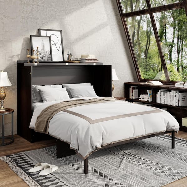 Espresso/Brown Wood Frame Queen Size Murphy Bed with Large Drawers and USB