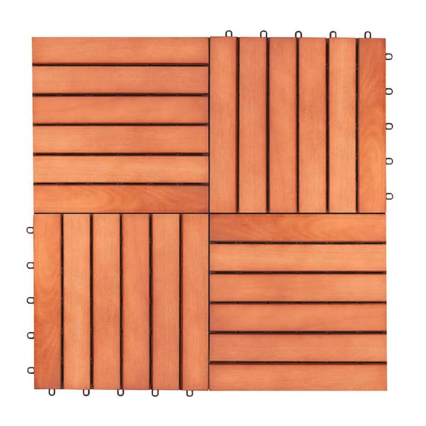 GOGEXX 1 ft. W x 1 ft. H 6-Slat Reddish Brown Wood Interlocking Deck Tile (Set of 10 Tiles)