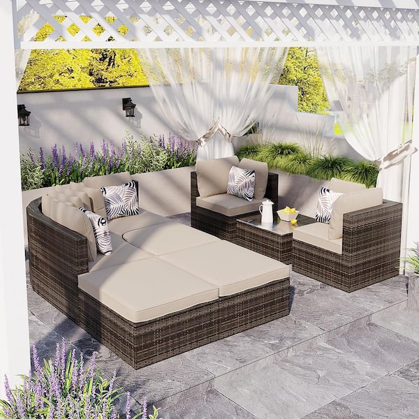 Harper & Bright Designs Brown 8-Piece Wicker Outdoor Sofa Sectional Set with Coffee Table, Colorful Pillows and Beige Cushions