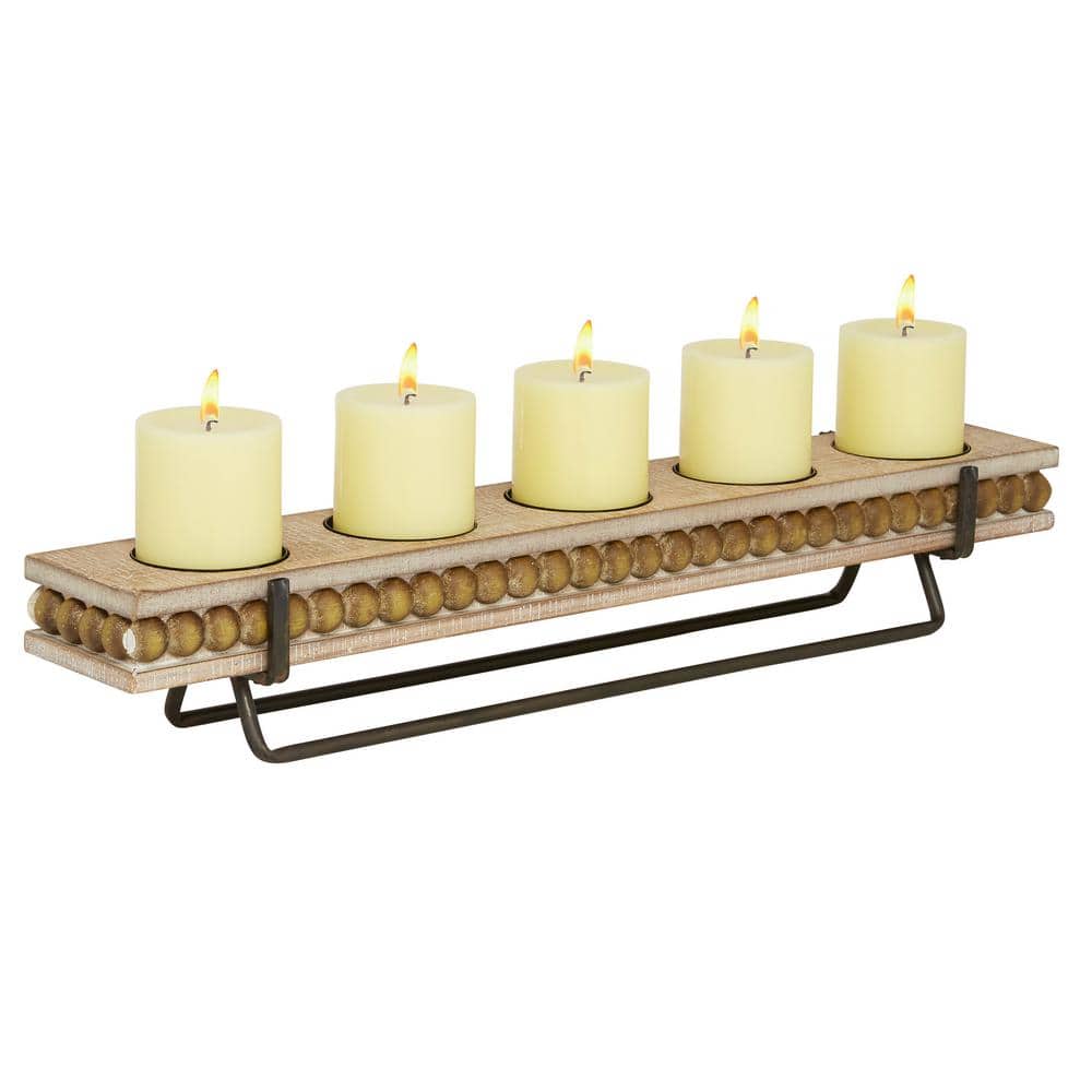 Elegant Brown Wood Beaded 24" Pillar Candle Holder for 5 Candles