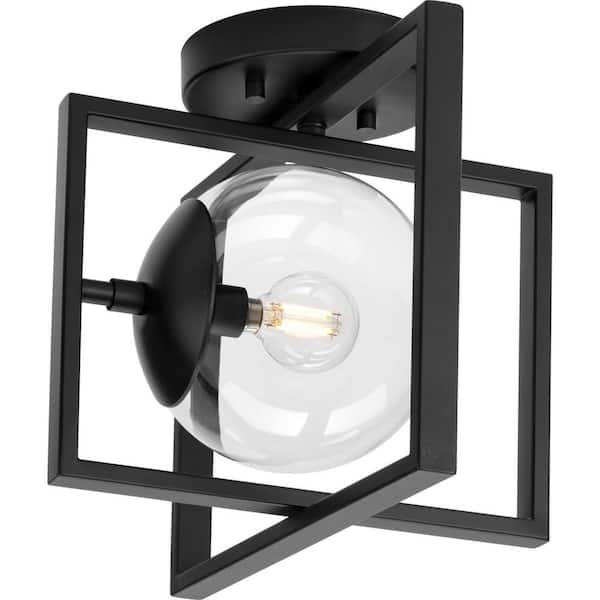Progress Lighting Atwell 10 in. 1-Light Matte Black Semi-Flush Mount with Clear Glass Shade