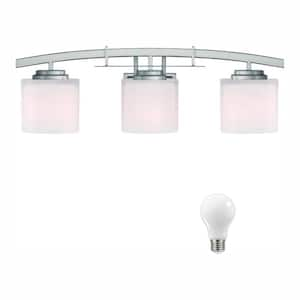 Architecture 3-Light Brushed Nickel Vanity Light with Etched White Glass Shades, Dimmable LED Daylight Bulbs Included