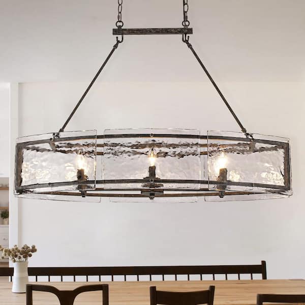 Chloe 6-Light Dark Rusty Linear Chandelier with Clear Water Glass for Kitchen Island