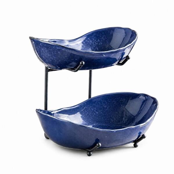 2-Tier Dark Blue Ceramic Fruit Bowl Set with Black Metal Stand 10 x 10 x 14 Inch Kitchen Counter Basket