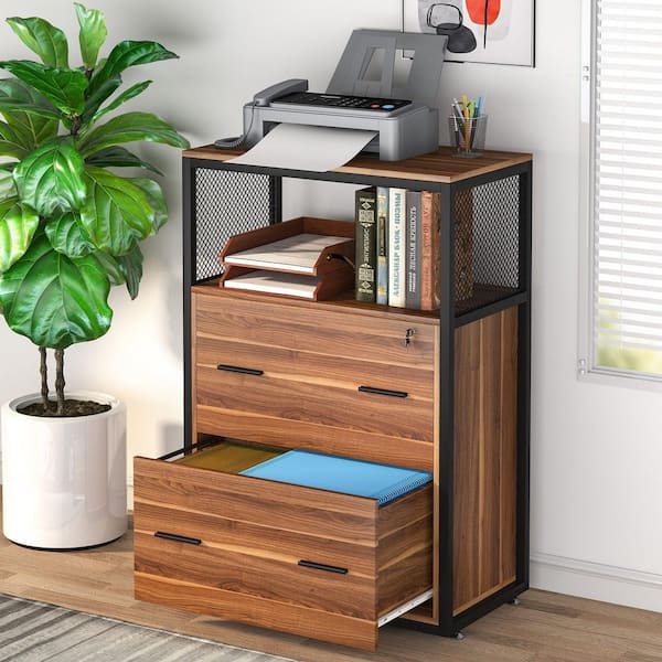 TRIBESIGNS WAY TO ORIGIN Delia Brown 2-Drawer Wood 23.6in.W Lateral File Cabinet A4/Letter/Legal Size Files Storage Printer Stand Lock Open Shelf