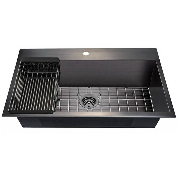 Akdy Matte Black Finished Stainless Steel 30 In X 18 Single Bowl Drop Kitchen Sink With Accessories Ks0519 Single Bowl Drop In Kitchen Sink, Akdy Black Stainless Farmhouse Sink