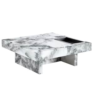 Light Gray Modern Square Faux Marble Wood Coffee Table with Stainless Steel Storage