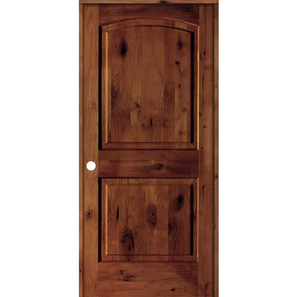 Krosswood Doors 32 in. x 80 in. Knotty Alder 2-Panel Right-Handed Red Chestnut Stain Wood Single Prehung Interior Door with Arch Top
