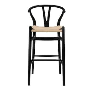 30.3 in. Natural and Black Low Back Wood Counter Height Bar Chair with Seagrass Seat