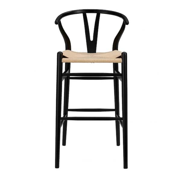 HomeRoots 30.3 in. Natural and Black Low Back Wood Counter Height Bar Chair with Seagrass Seat