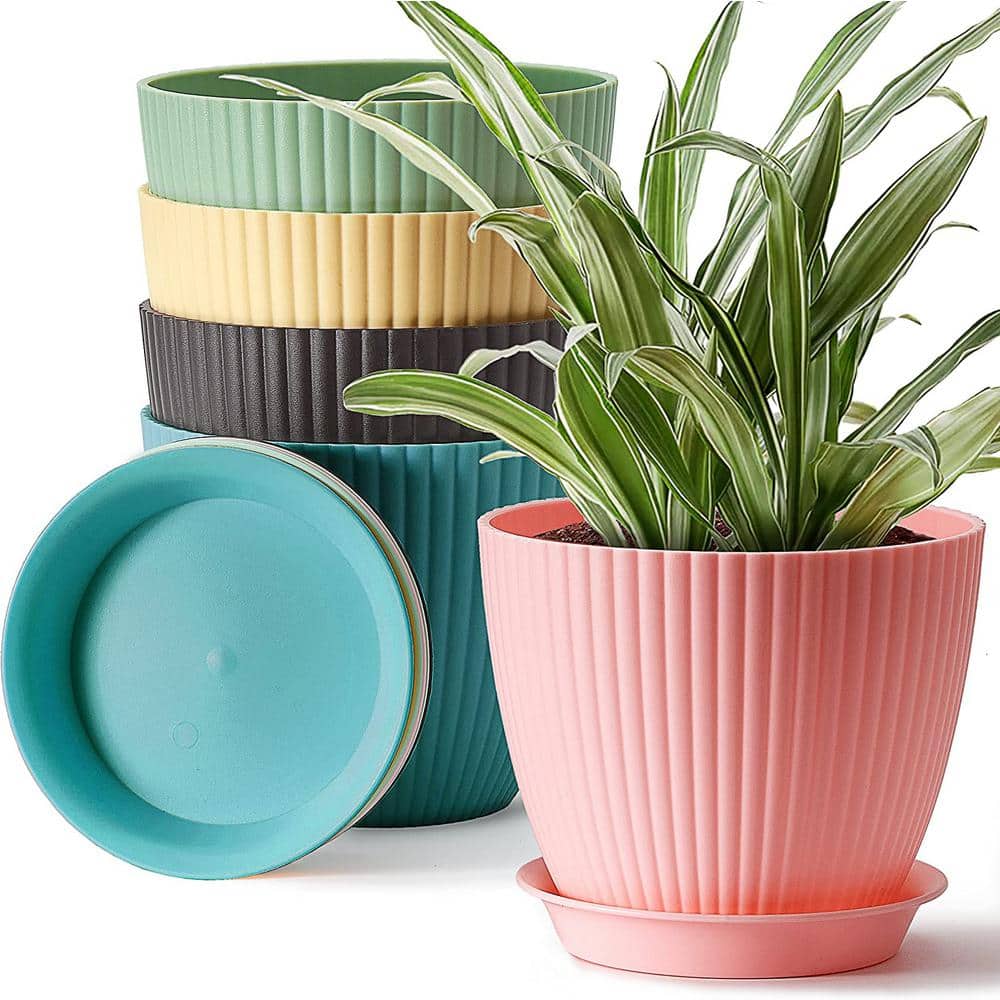 Plastic Pots for Plants, 10 Packs 6 inch Plant Flower Pots with Multiple Drainage Holes and Trays, Indoor Modern Garden Planter Pots for All