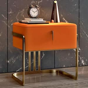 Minimalist Orange Nightstand Upholstered Leather Surface with 1 Drawer in Gold