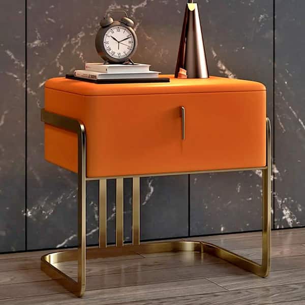 Magic Home Minimalist Orange Nightstand Upholstered Leather Surface with 1 Drawer in Gold