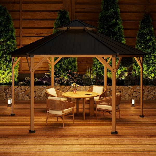 15 ft. x 15 ft. Hexagon Outdoor Wood Frame Hardtop Gazebo with Galvanized Steel Roof and Solar LED Light