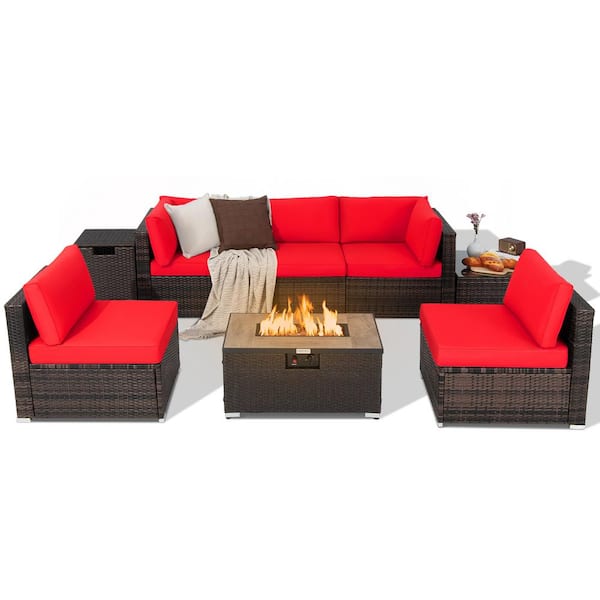 Costway 8-Piece Patio Rattan Furniture Set Fire Pit Table Tank Holder Cover Deck Red