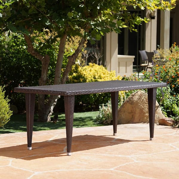wayofatry Outdoor Metal Rattan Rectangle Patio Dining Table in Brown for Garden