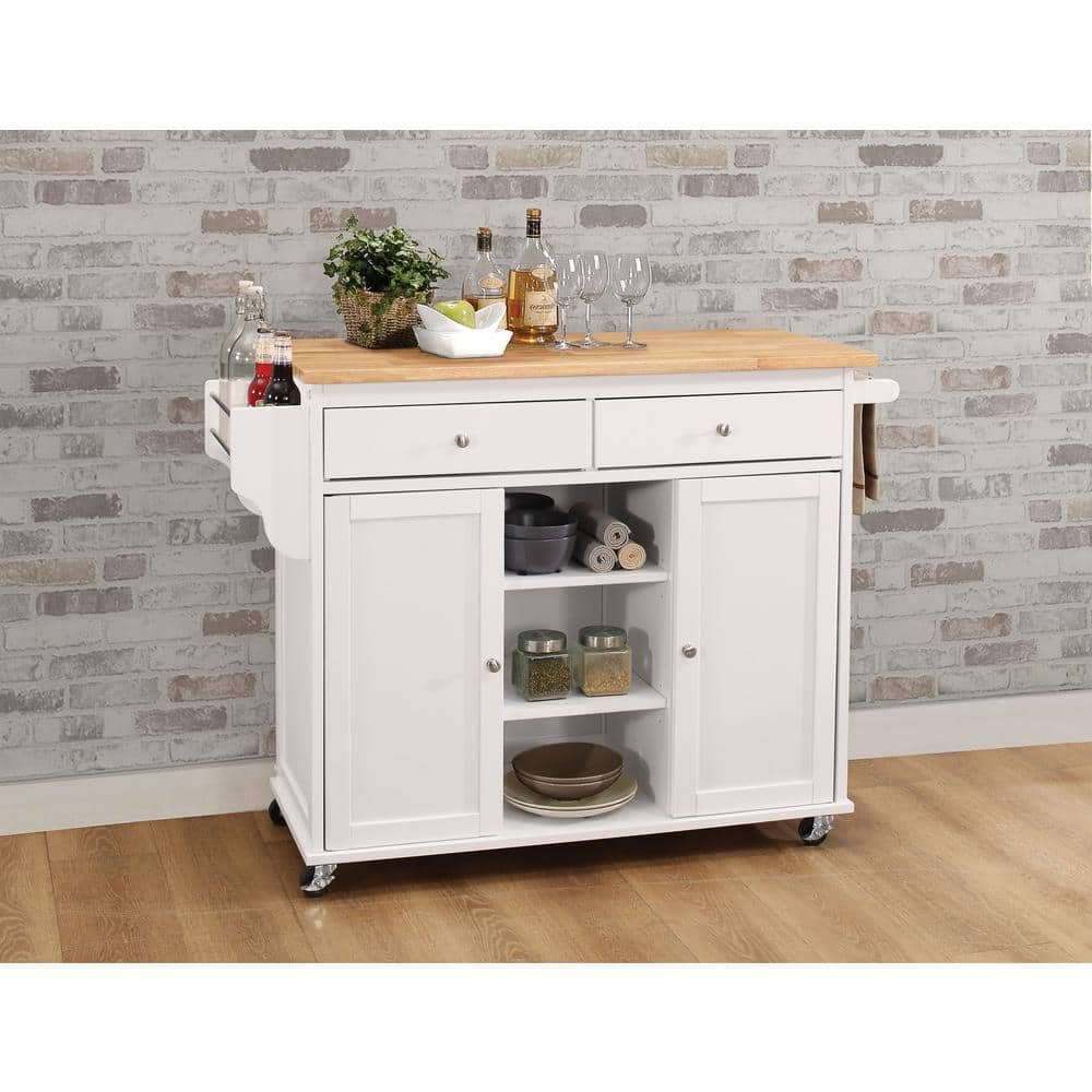 Charming Cottage-Style Natural & White Kitchen Cart with Wine Storage