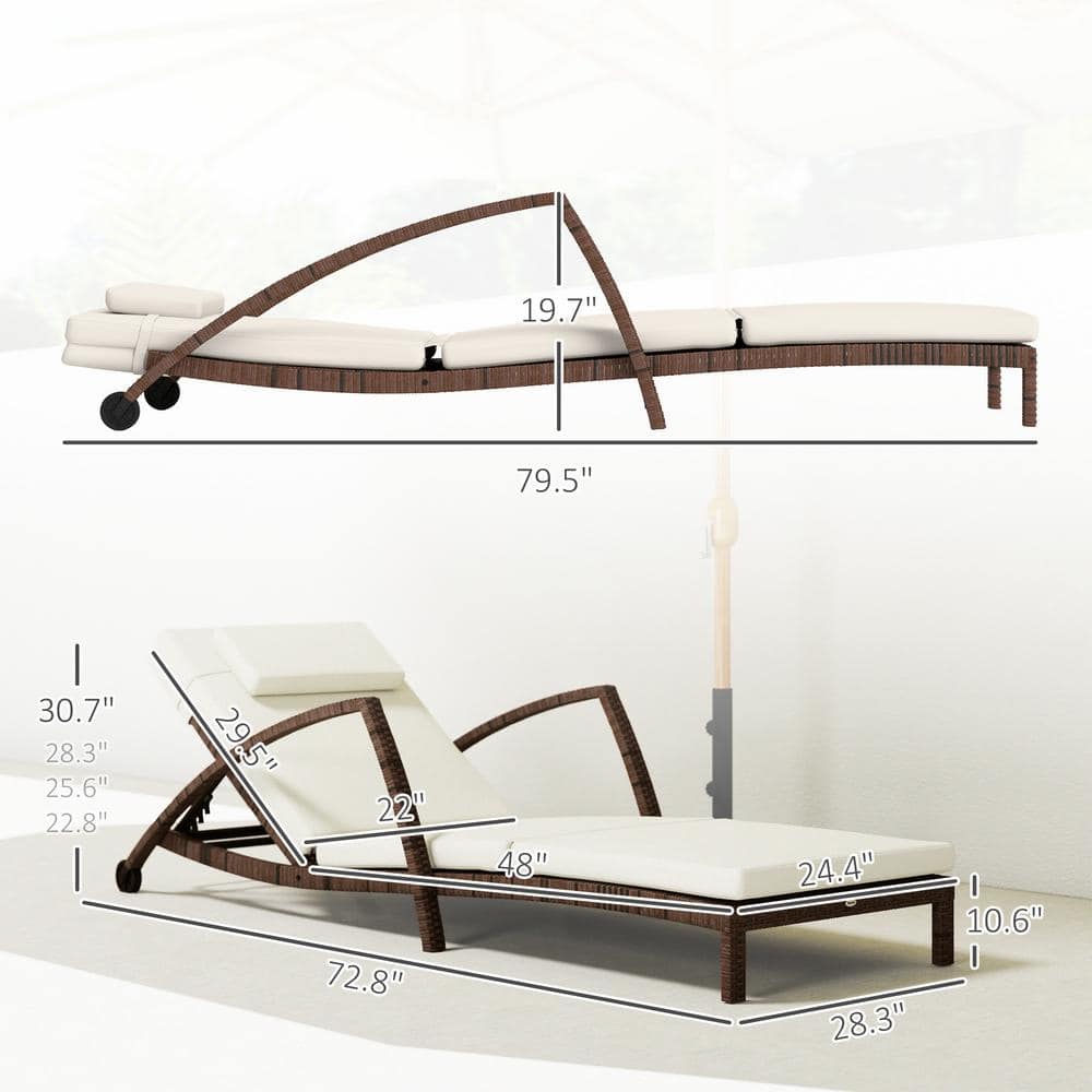 Beige Wicker Outdoor Chaise Lounge with Cushions and Wheels