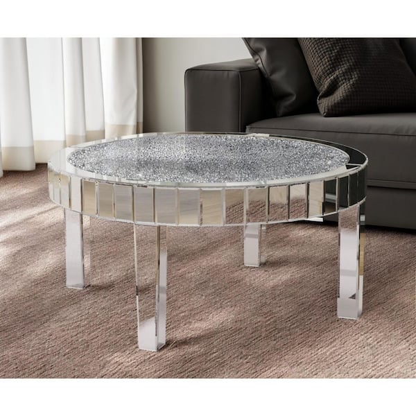 31.49 in. Silver Round Faux Crystal, Glass Coffee Table