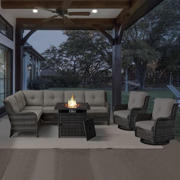 Gray 4-Piece Wicker Patio Fire Pit Set, Outdoor Sectional Seating Set with Olefin Beige Cushions and Swivel Rockers