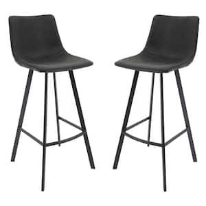 Elland Modern 29.9 in. Upholstered Leather Bar Stool with Black Iron Legs and Footrest in Charcoal Black (Set of 2)