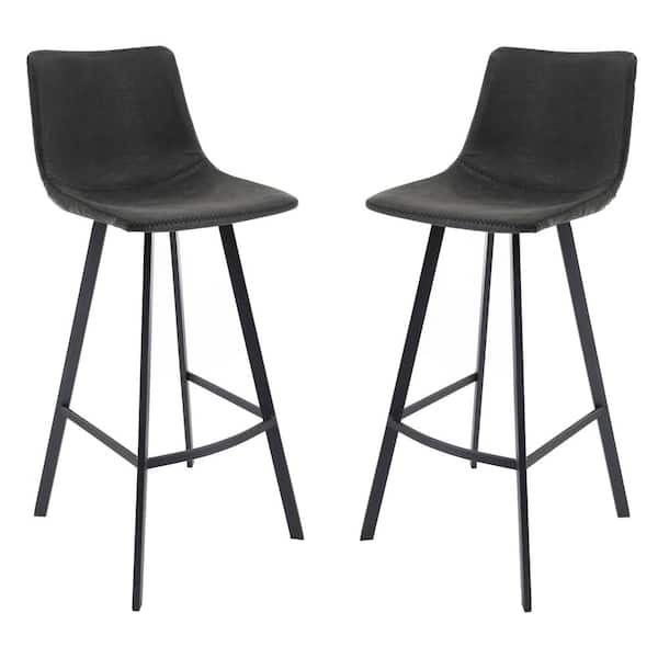 Elland Modern 29.9 in. Upholstered Leather Bar Stool with Black Iron Legs and Footrest in Charcoal Black (Set of 2)