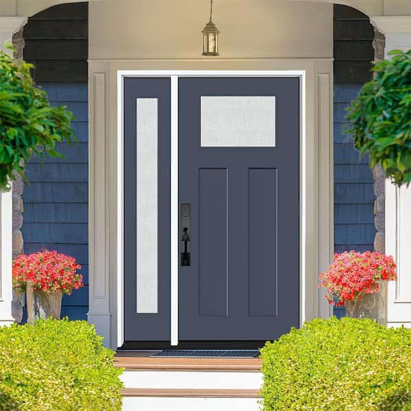Legacy 51 in. x 80 in. 1/4 Toplite Rain Glass RHIS Primed Dark Denim Finish Fiberglass Prehung Front Door w/12 in. SL