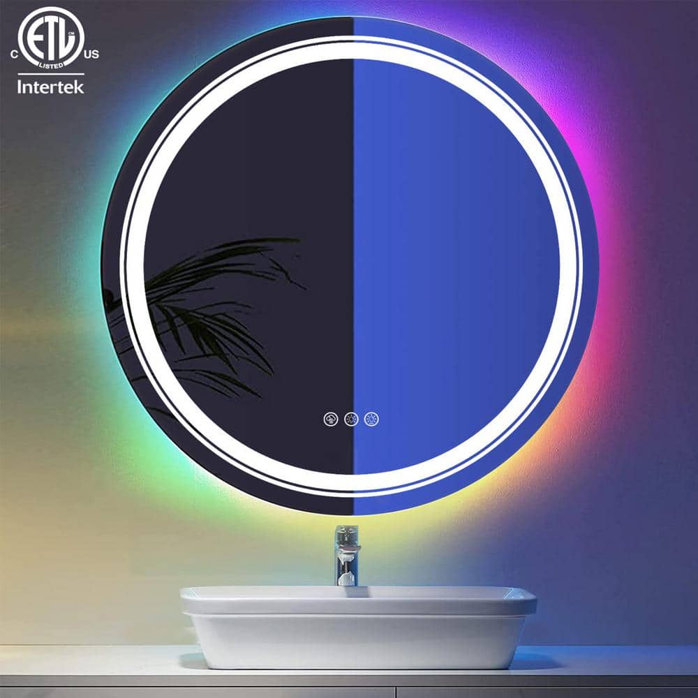 Apmir 28 in. W x 28 in. H Round Frameless High-Quality 192 LEDs/m RGB LED Anti-Fog Tempered Glass Wall Bathroom Vanity Mirror, RGB-Round