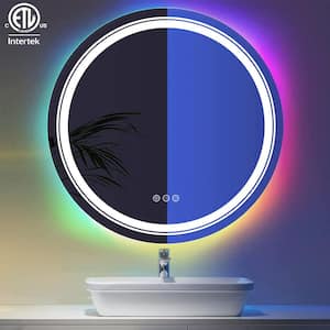 28 in. W x 28 in. H Round Frameless High-quality 192 LEDs/m RGB LED Anti-Fog Tempered Glass Wall Bathroom Vanity Mirror