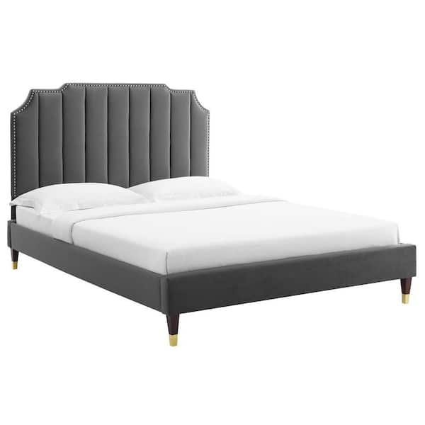 MODWAY Colette in Black Charcoal Performance Velvet Frame Queen Platform Bed