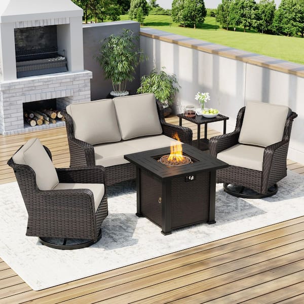 5-Piece Wicker Outdoor Patio Fire Pit Conversation Set with Beige Cushions 1 Couch, 2 Chairs, 1 Table and Fire Pit