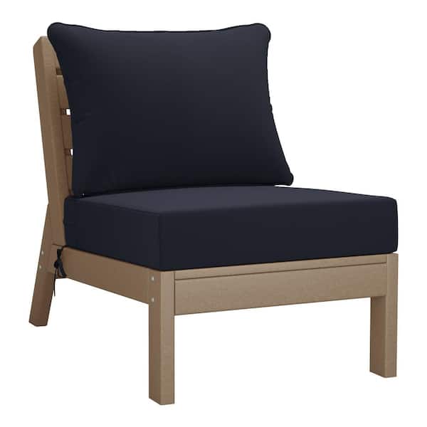 Birchwood Outdoor Patio Deep Seating HDPE Armless Lounge Chair in Weathered Wood with Navy Blue Cushions
