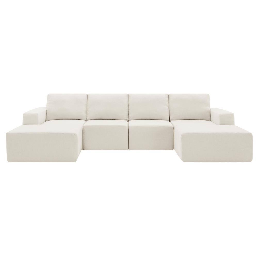 110 in. Square Arm Polyester U-Shaped Sofa, Sofa Bed in. Beige