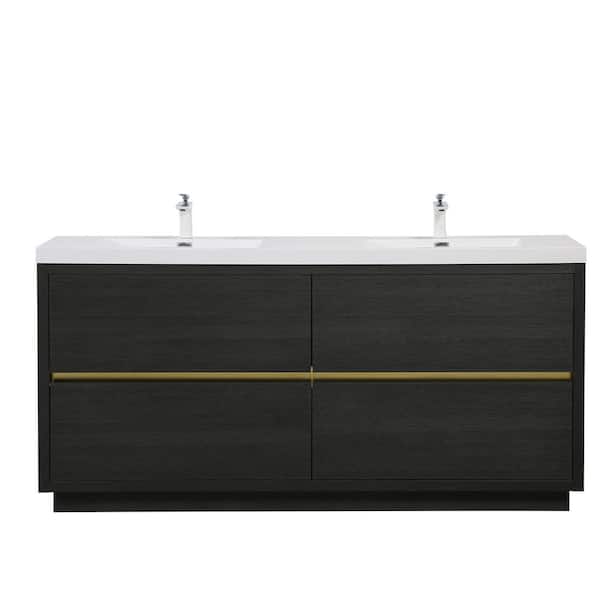 72 in. Freestanding Bath Vanity in Black with Double Solid Surface Sink Top in White