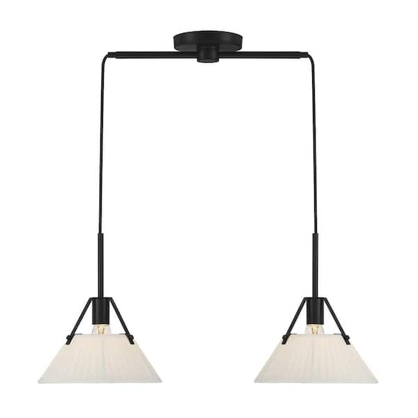 Savoy House 29 in. W x 10.5 in. H 2-Light Matte Black Linear Chandelier with Pleated White Fabric Shades