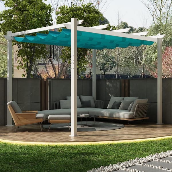 PURPLE LEAF 10 ft. W x 13 ft. D Outdoor White Aluminum Pergola with Blue Adjustable UV Resistant Sun Shelter Canopy for Garden