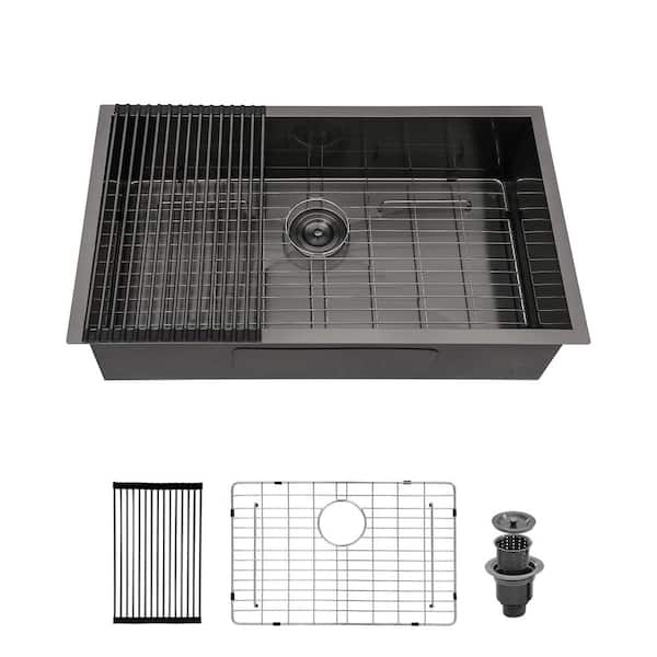 28 in. Undermount Single Bowl 18-Gauge Gunmetal Black Stainless Steel Kitchen Sink with Bottom Grids