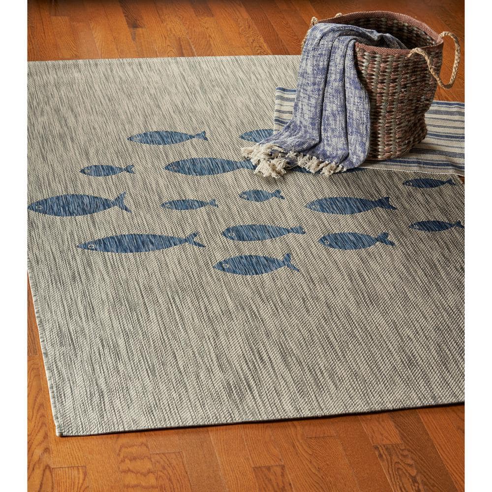 Gray and Blue Fish Pattern Stain-Resistant Synthetic 5' x 7' Area Rug