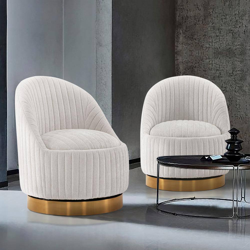 Cream Boucle Swivel Barrel Chairs with Gold Base, Set of 2