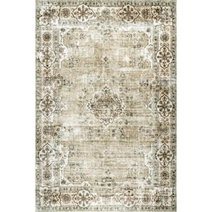 Paisley Beige 2 ft. 6 in. x 8 ft. Machine Washable Faded Floral Border Medallion Indoor Runner Rug