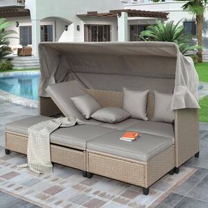 4-Piece Wicker Outdoor Day Bed Sectional Sofa Set with Gray Cushions and Canopy