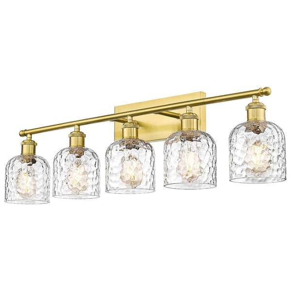 JAZAVA 34.8 in. 5-Light Brushed Gold Vanity Light with Hammered Glass Shade