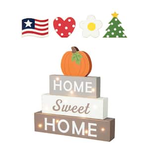 12.75 in. H Lighted Wooden Block Word Sign with 5 Changeable Top Decors (Spring/Valentine/Patriotic/Fall/Christmas)