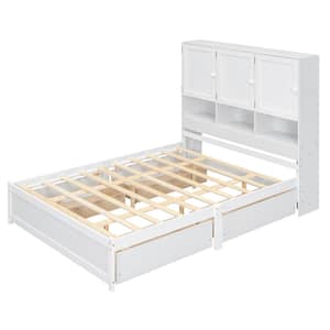 White Wood Frame Queen Size Platform Bed with Storage Headboard and Drawer