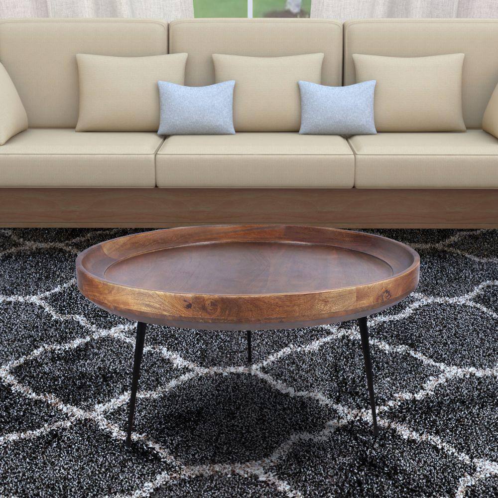 Round Mango Wood Coffee Table with Splayed Metal Legs, 30"